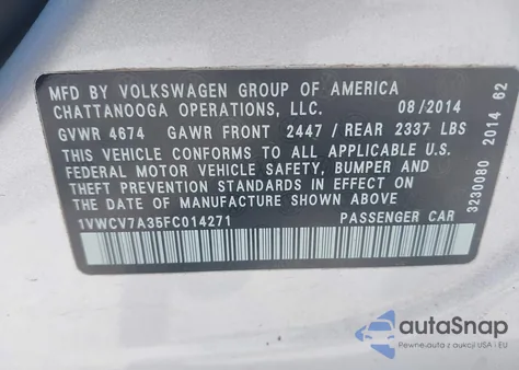 2015 Volkswagen Passat 2.0L Tdi Sel Premium from USA, damaged, VIN 1VWCV7A35FC014271